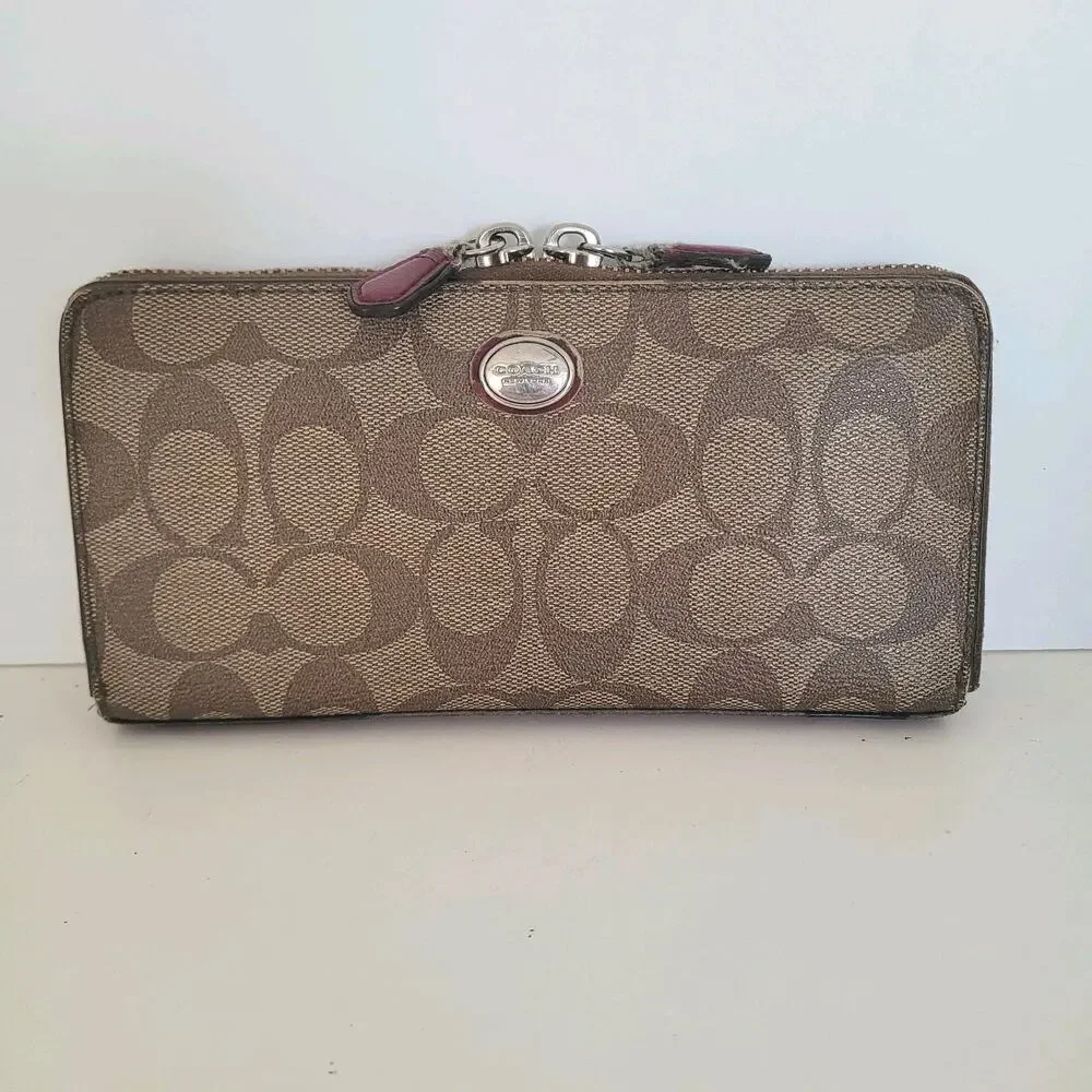 Coach Crossgrain Wallet Brown Zip Around Large Clutch‎ Accordion Classic Fair